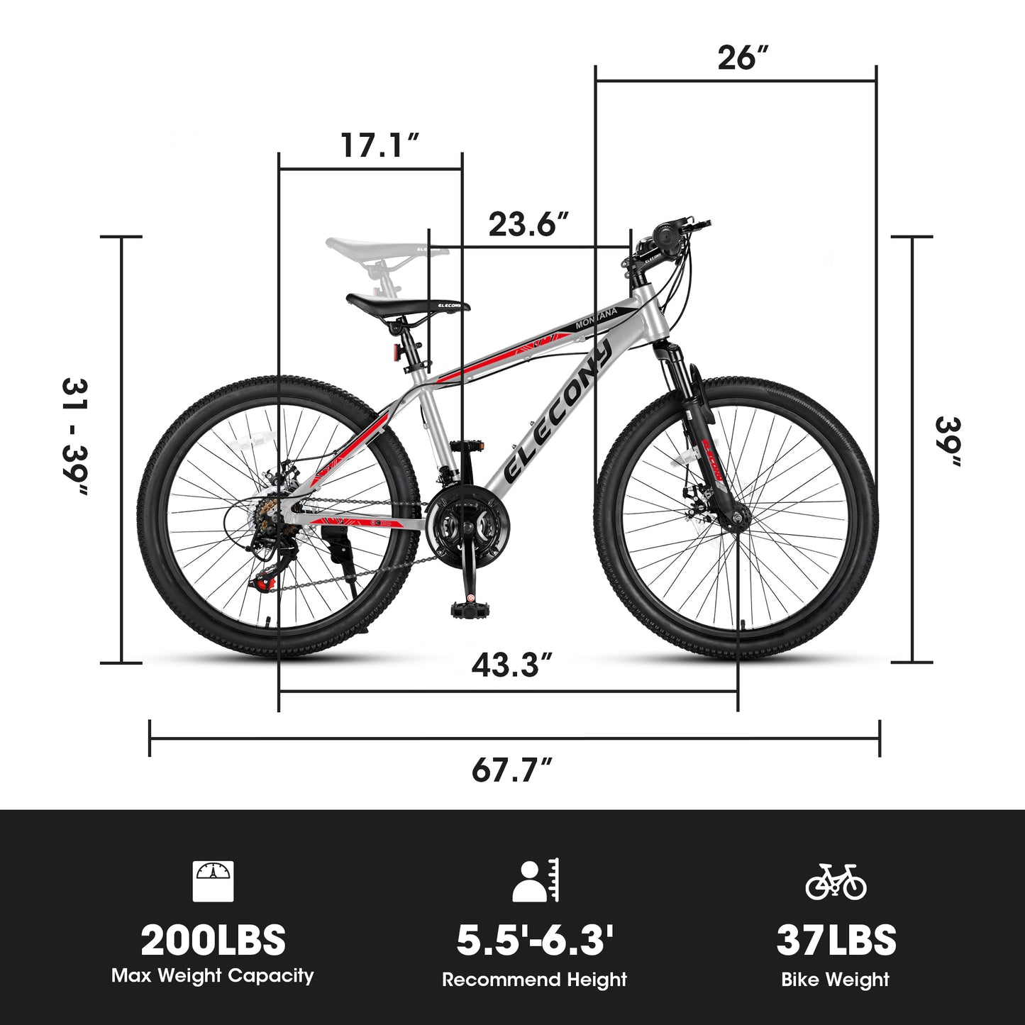 A26299 Rycheer Elecony 26 inch Mountain Bike Bicycle for Adults Aluminium Frame Bike Shimano 21-Speed with Disc Brake