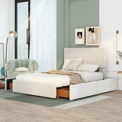 Full Size Upholstery Platform Bed with Four Drawers on Two Sides,Adjustable Headboard,Beige