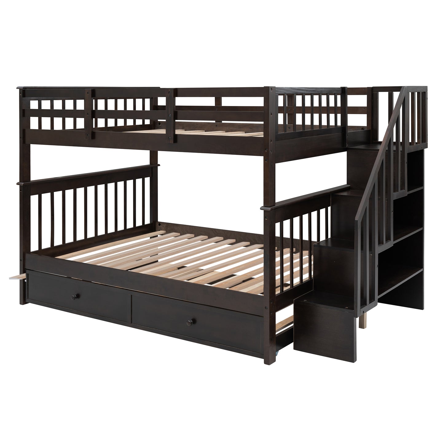 Stairway Full-Over-Full Bunk Bed with Twin size Trundle, Storage and Guard Rail for Bedroom, Dorm - Espresso(OLD SKU :LP001210AAP)