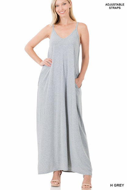 V-NECK CAMI MAXI DRESS WITH SIDE POCKETS