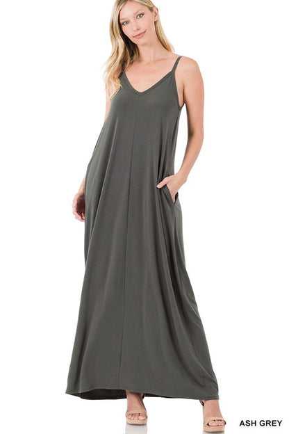 V-NECK CAMI MAXI DRESS WITH SIDE POCKETS