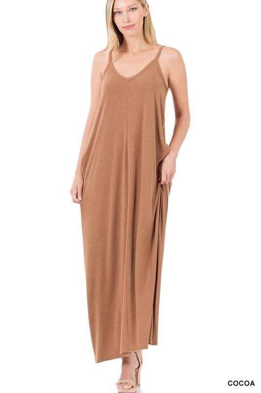 V-NECK CAMI MAXI DRESS WITH SIDE POCKETS