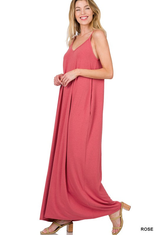 V-NECK CAMI MAXI DRESS WITH SIDE POCKETS