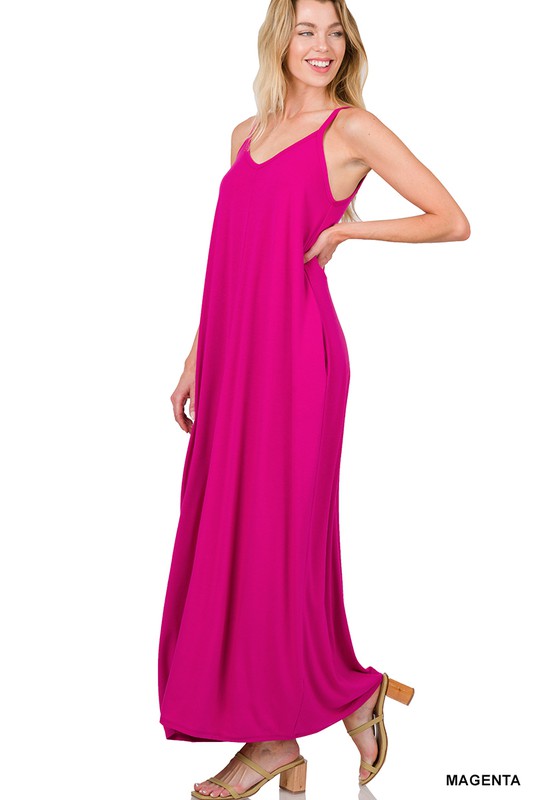 V-NECK CAMI MAXI DRESS WITH SIDE POCKETS