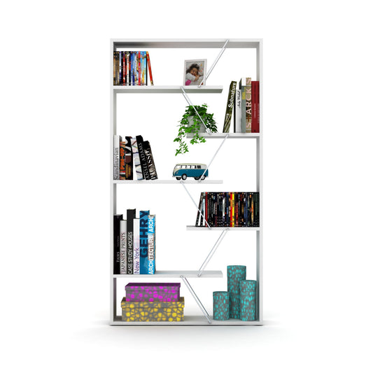 Furnish Home Store Wood Frame Etagere Open Back 6 Shelves Bookcase Industrial Bookshelf for Office and Living Rooms Modern Bookcases Large Bookshelf Organizer, White/Chrome