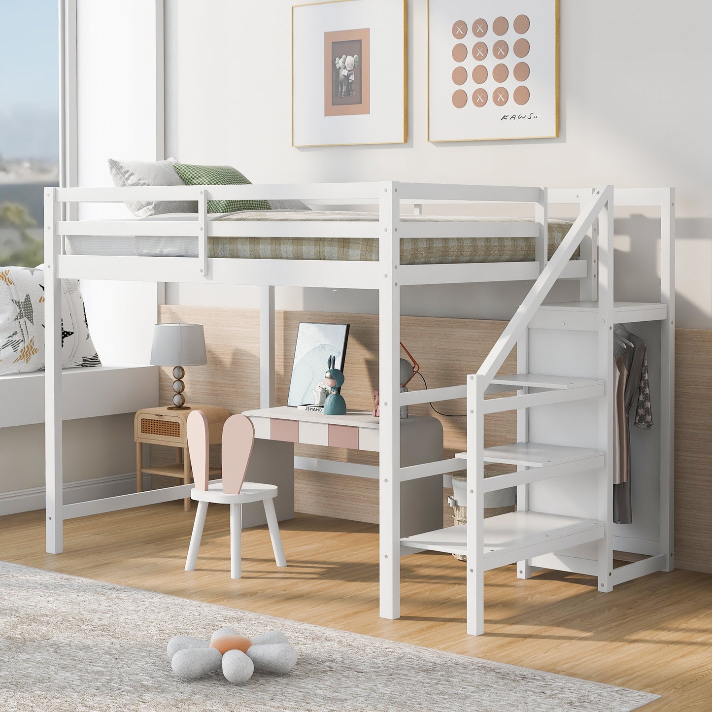 Full Size Loft Bed with Built-in Storage Wardrobe and Staircase,White