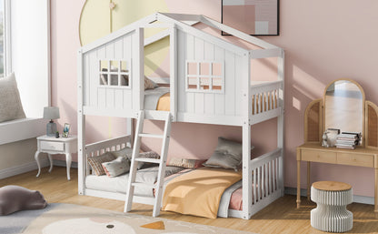 Twin Over Twin House Bunk Bed With Ladder, Wood Bed-White