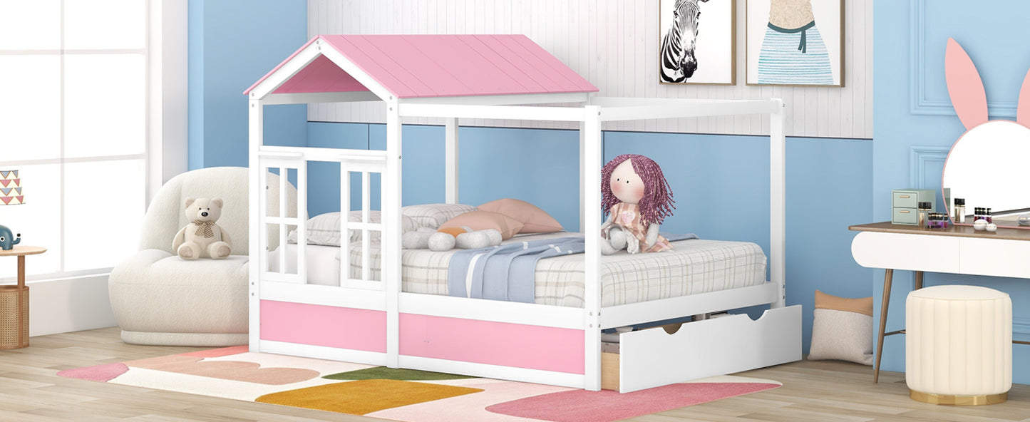 Full Size House Bed with Roof, Window and Drawer - Pink + White