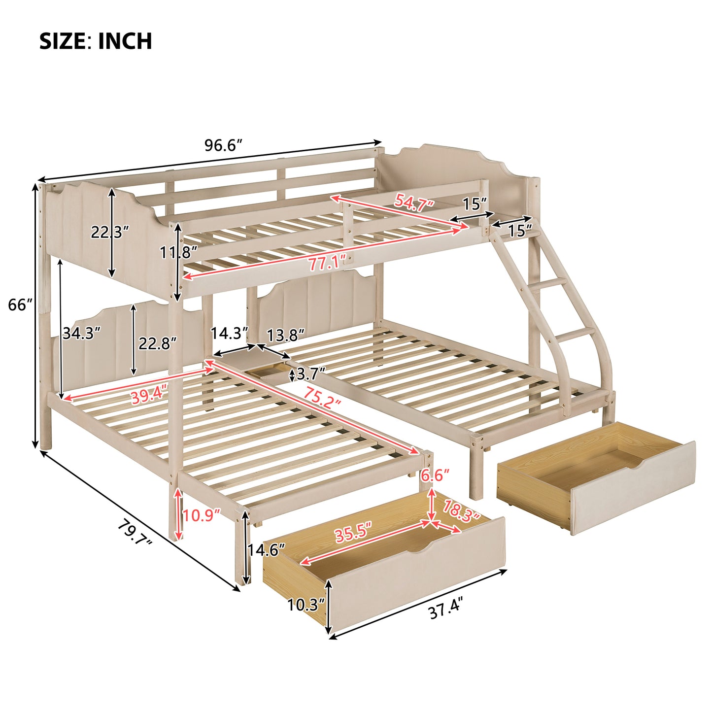 Full Over Twin & Twin Bunk Bed, Velvet Triple Bunk Bed with Drawers and Guardrails, Beige