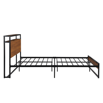 Queen Size Metal Platform Bed Frame with Sockets, USB Ports and Slat Support ,No Box Spring Needed Black