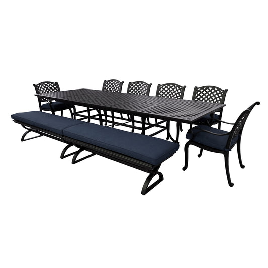 Rectangular 10 - Person 126.38" Long Aluminum Dining Set with Cushions, Navy Blue