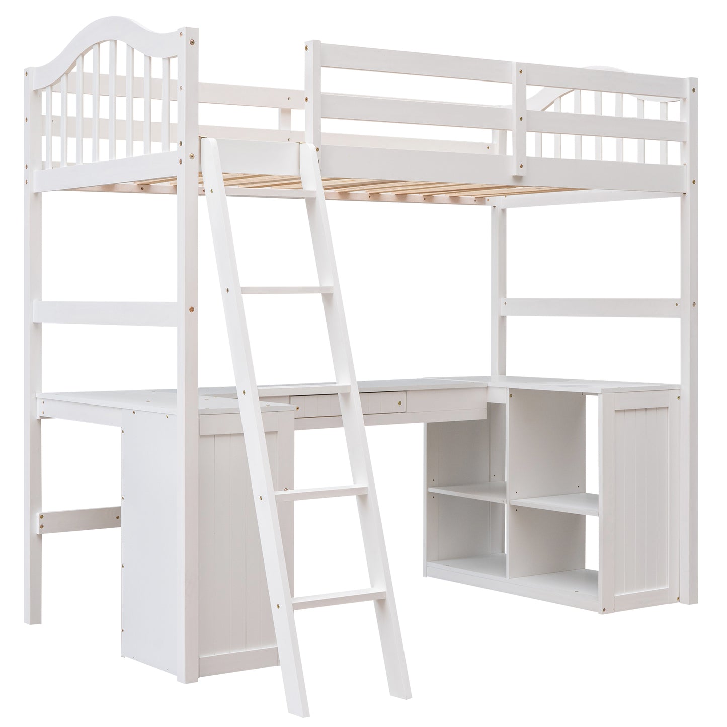 Twin size Loft Bed with Drawers, Cabinet, Shelves and Desk, Wooden Loft Bed with Desk - White(OLD SKU :LT000505AAK)