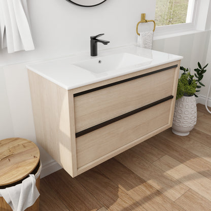 36" Floating Wall-Mounted Bathroom Vanity with  White Ceramic Rectangle Sink & 2 Soft Close Drawers