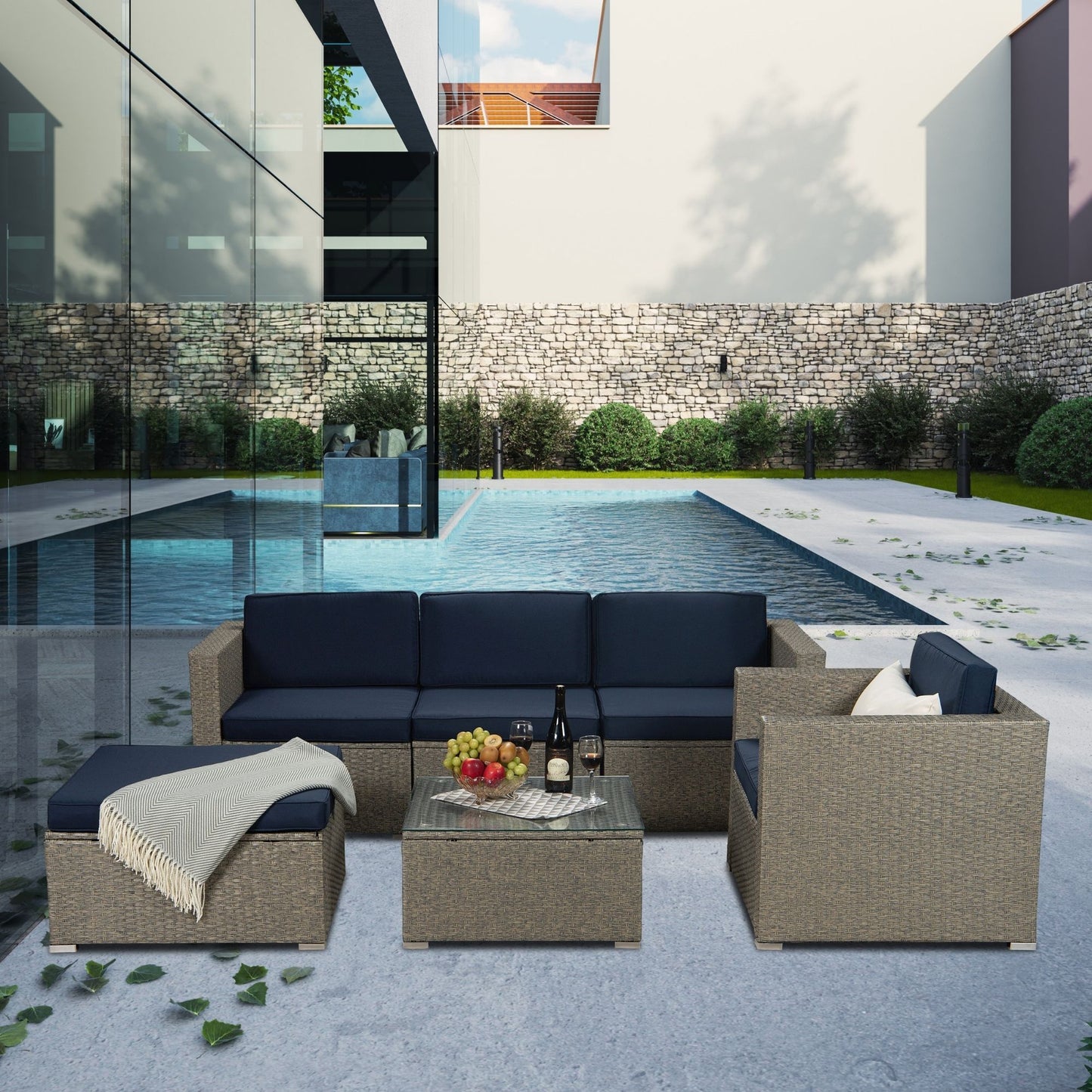 Outdoor Garden Patio Furniture 6-Piece Gray Mix Yellow PE Rattan Wicker Sectional Navy Cushioned Sofa Sets with 1 Beige Pillows