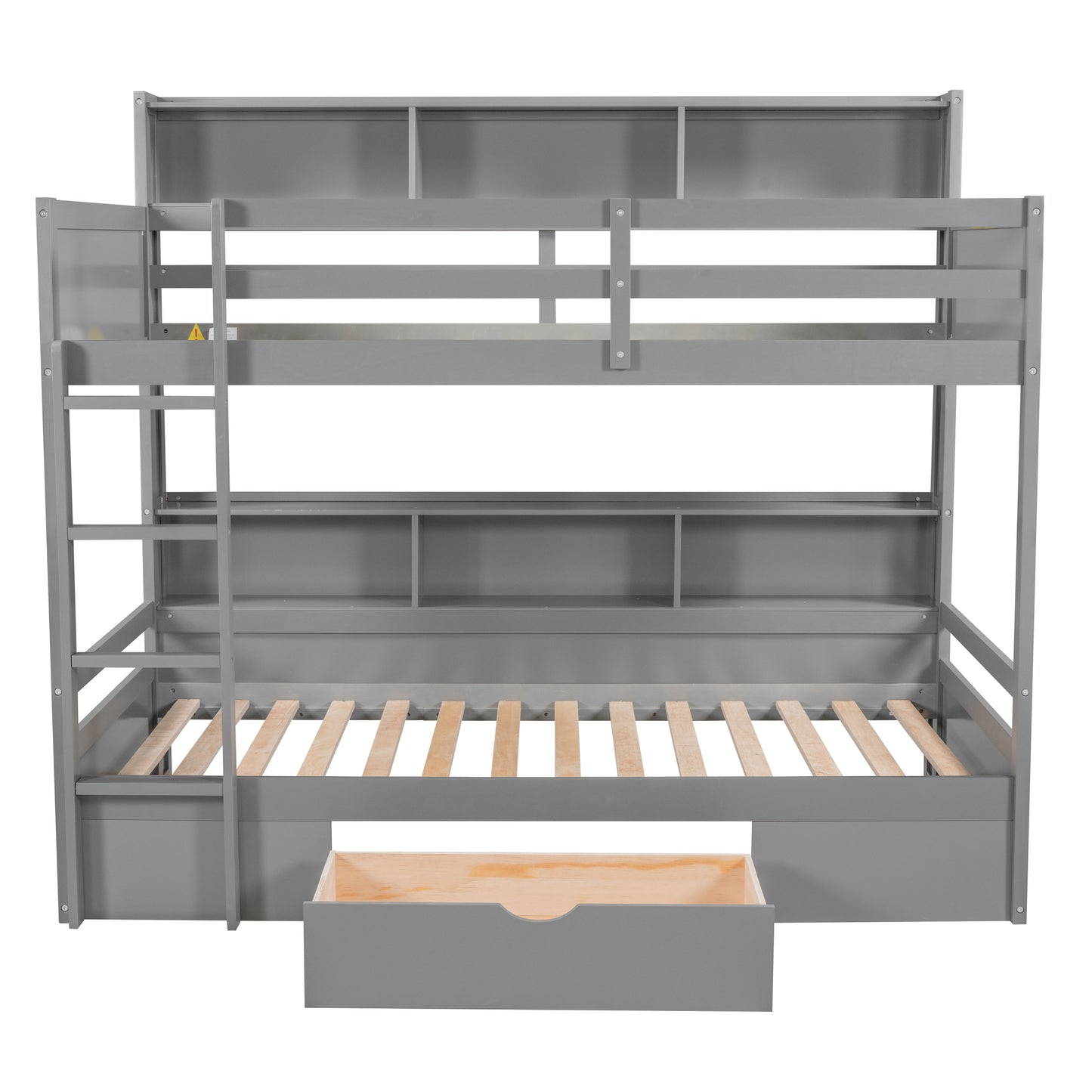 Twin Size Bunk Bed with Built-in Shelves Beside both Upper and Down Bed and Storage Drawer,Gray