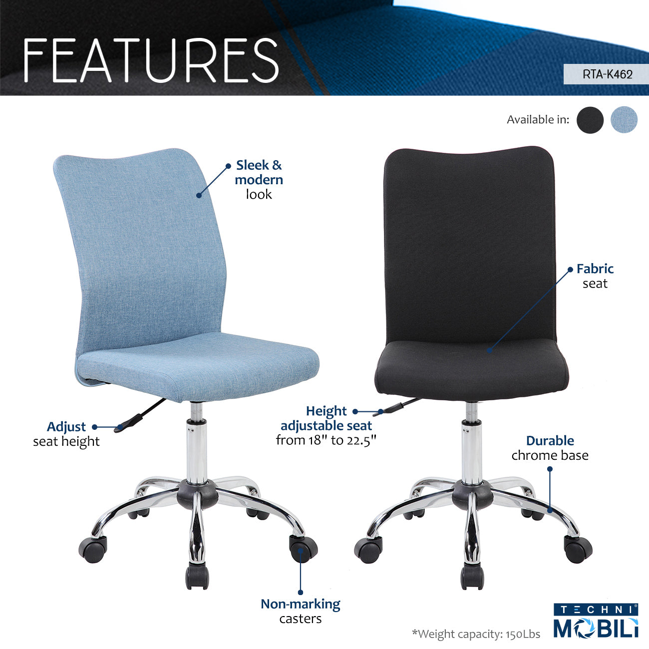 Techni Mobili Modern Armless Task Chair, Blue Jean