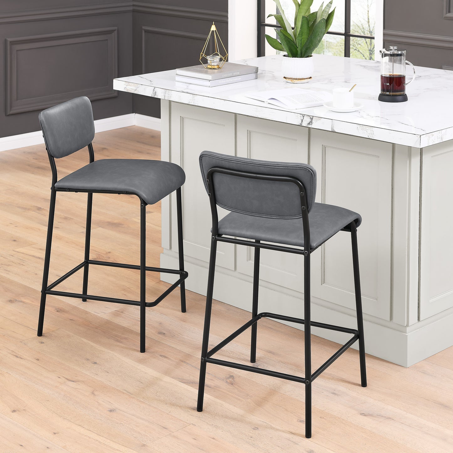 Pu Faux Leather Counter Stools Set of 2, Pub Counter Stool with Back and Footrest, Grey\n(17.5"x19.25“x34.5”）