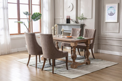 Exquisite Brown Linen Fabric Upholstered Strip Back Dining Chair with Solid Wood Legs 2 Pcs