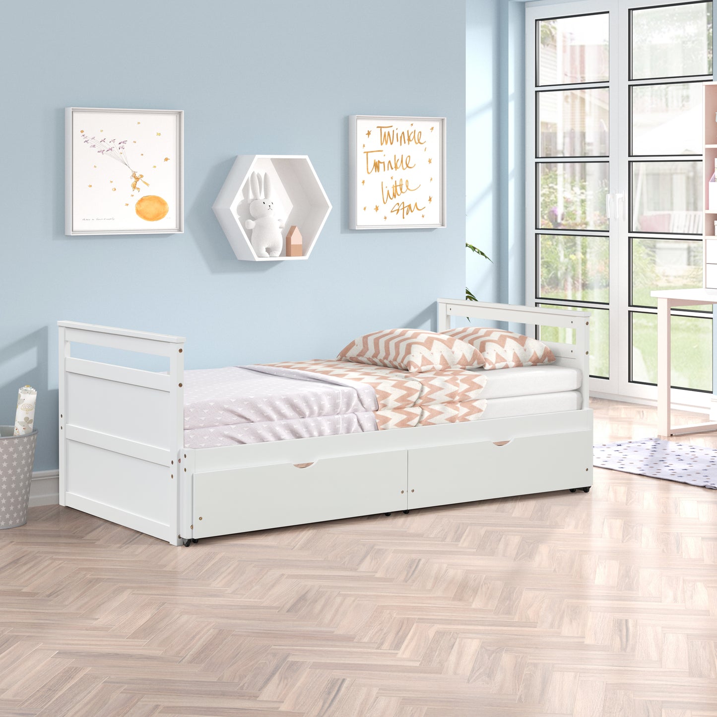 THE TWIN BED CAN BE EXPANDED WITH 2 DRAWERS