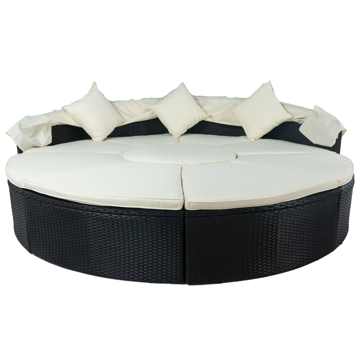 Outdoor Patio Round Daybed with Retractable Canopy Rattan Wicker Furniture Sectional Seating with Washable Cushions for Patio Backyard Porch Pool