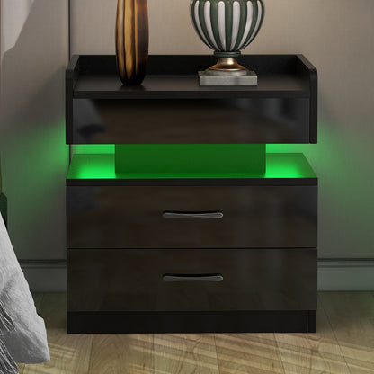 Nightstand with 2 Drawers,USB Charging Ports, Wireless Charging and Remote Control LED Light-Black