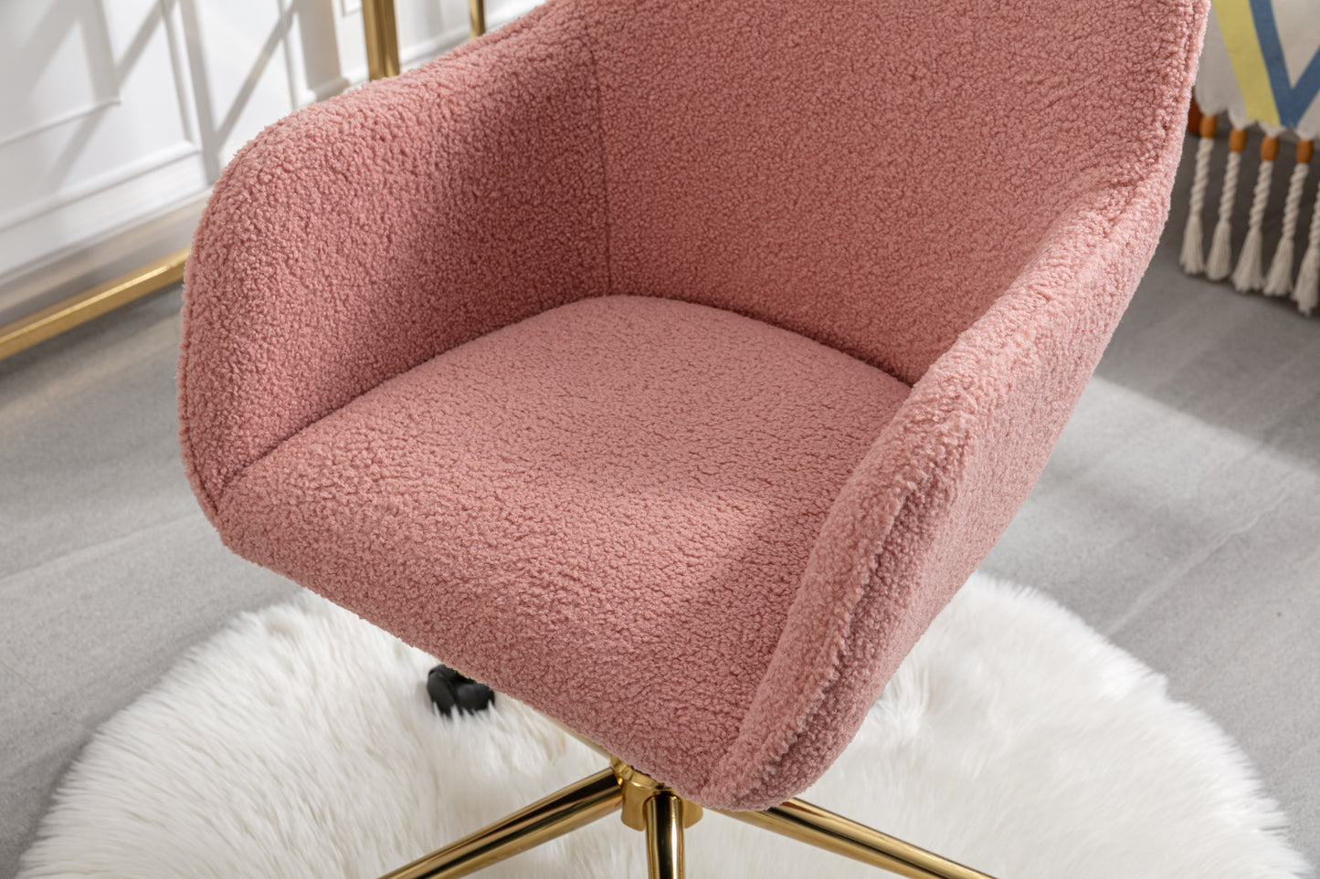 Modern Teddy Fabric Material Adjustable Height 360 Revolving Home Office Chair With Gold Metal Legs And Universal Wheel For Indoor,Pink