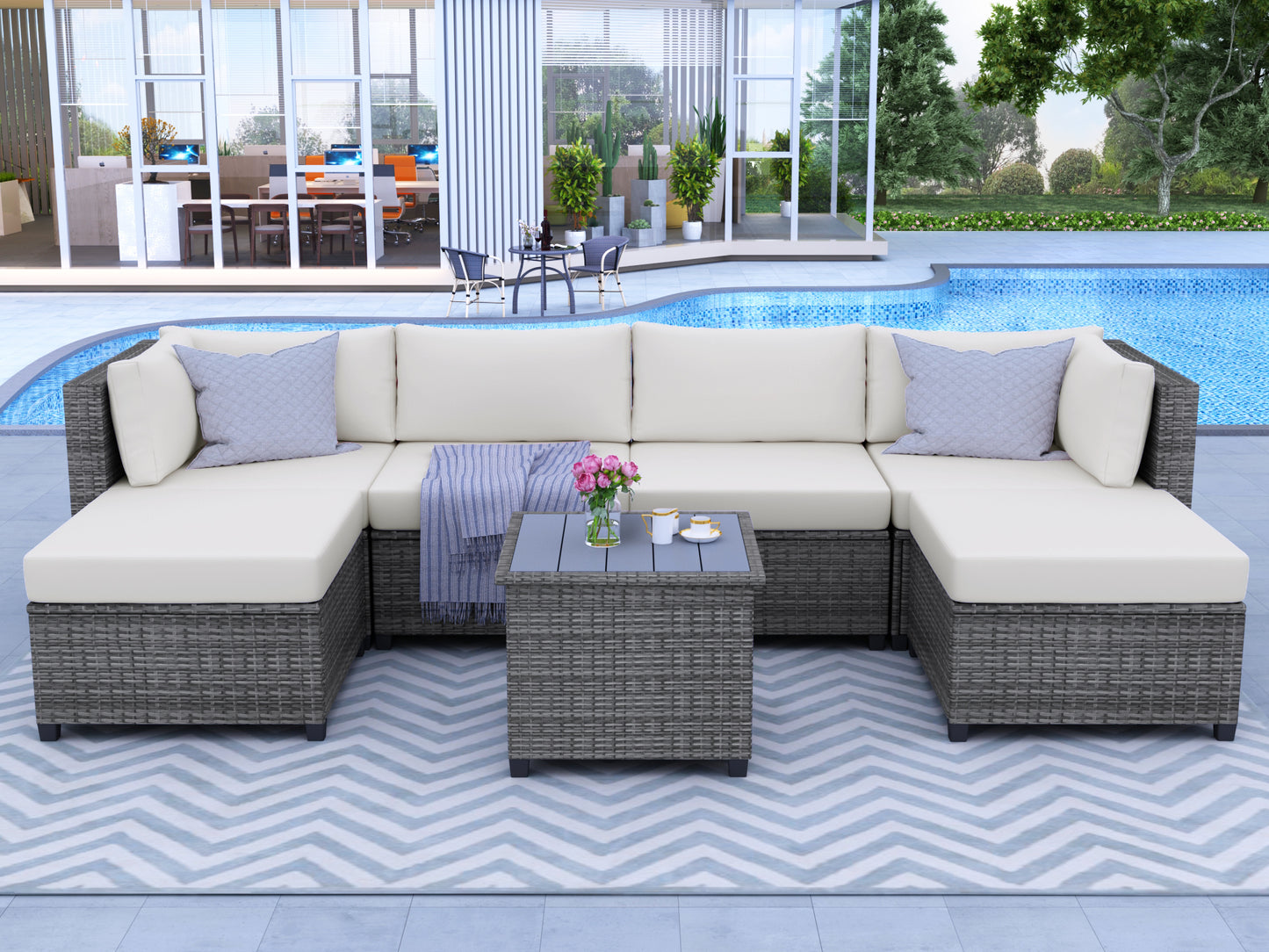 U_Style 7 Piece Rattan Sectional Seating Group with Cushions, Outdoor Ratten Sofa NEW!