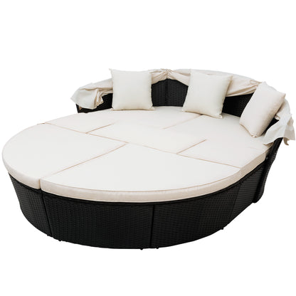 Outdoor rattan daybed sunbed with Retractable Canopy Wicker Furniture, Round Outdoor Sectional Sofa Set, black Wicker Furniture Clamshell  Seating with Washable Cushions, Backyard, Porch, Beige.