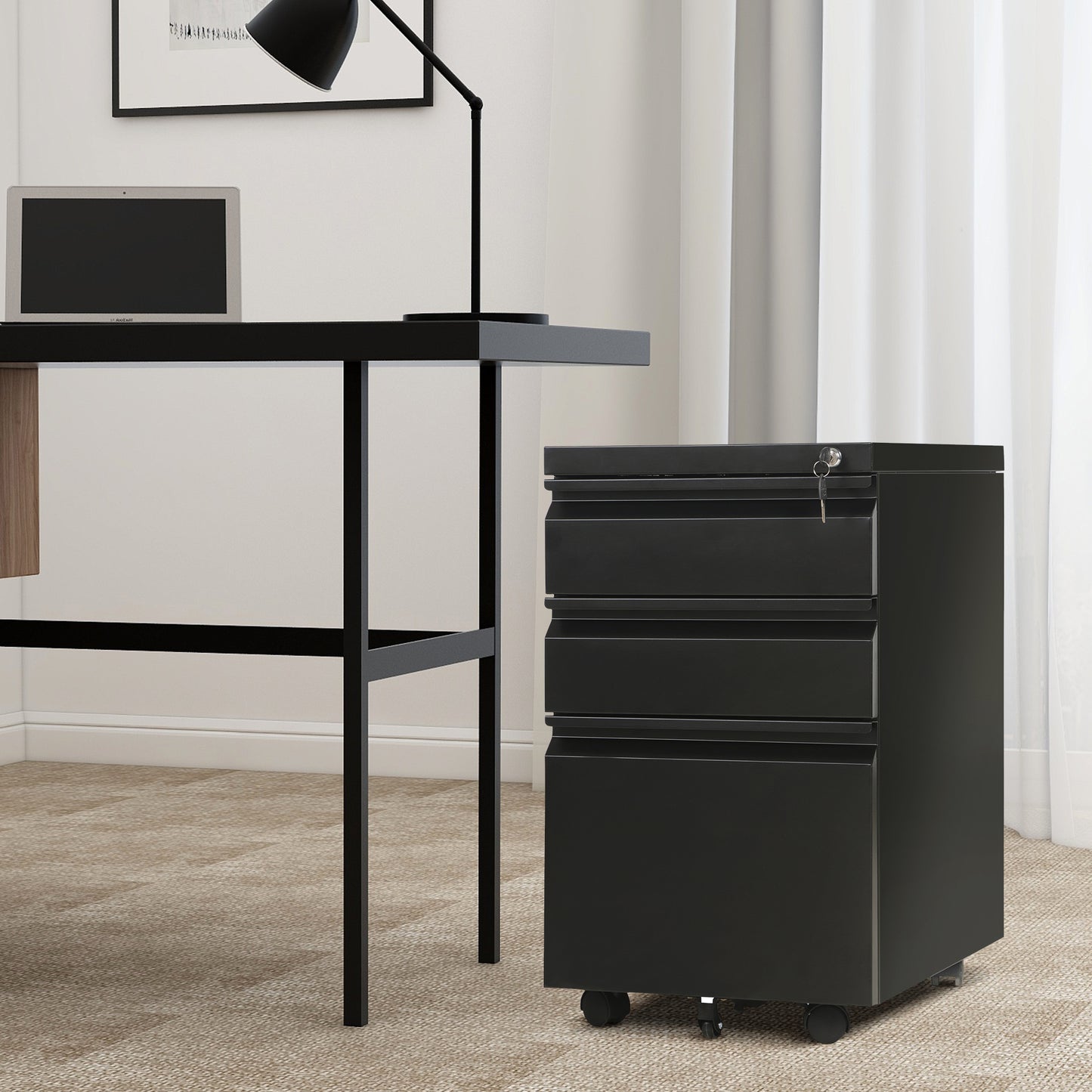 Metal mobile 3 Drawer File Cabinet with Lockable, Pedestal Cabinet Assembled for Legal or Letter Files,Used for Office and Home