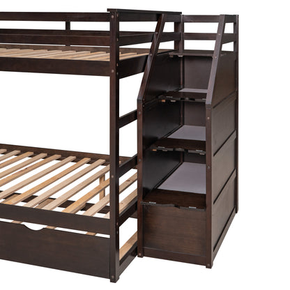 Full-over-Full Bunk Bed with Twin Size Trundle and 3 Storage Stairs,Espresso