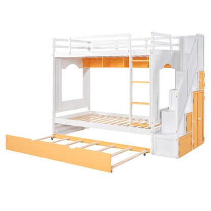 Twin Over Twin Bunk Bed with Trundle ,Stairs,Ladders Solid Wood Bunk bed with Storage Cabinet （White + Yellow）