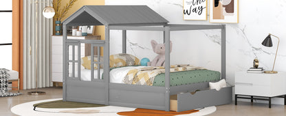 Full Size House Bed with Roof, Window and Drawer - Gray