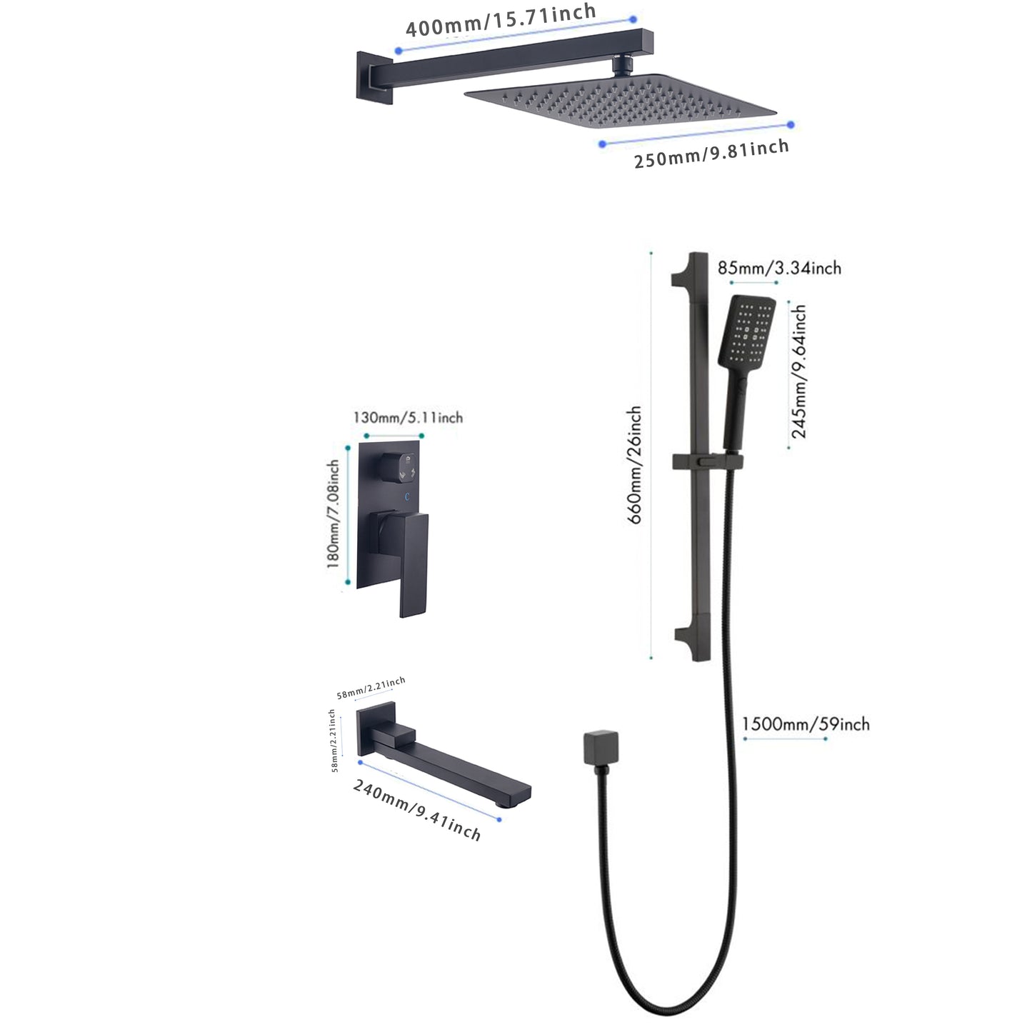 Shower System 10 Inch Square Bathroom Luxury Rain Mixer Shower Combo Set Pressure Balanced Shower System with Shower Head, Hand Shower, Slide Bar, Shower Arm, Hose, and Valve Trim