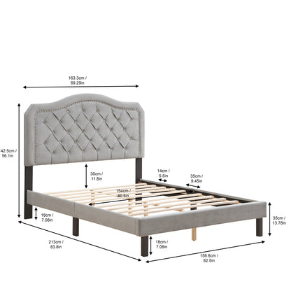 Upholstered Bed Button Tufted with Curve Design - Strong Wood Slat Support - Easy Assembly - Gray Velvet - platform bed - Queen