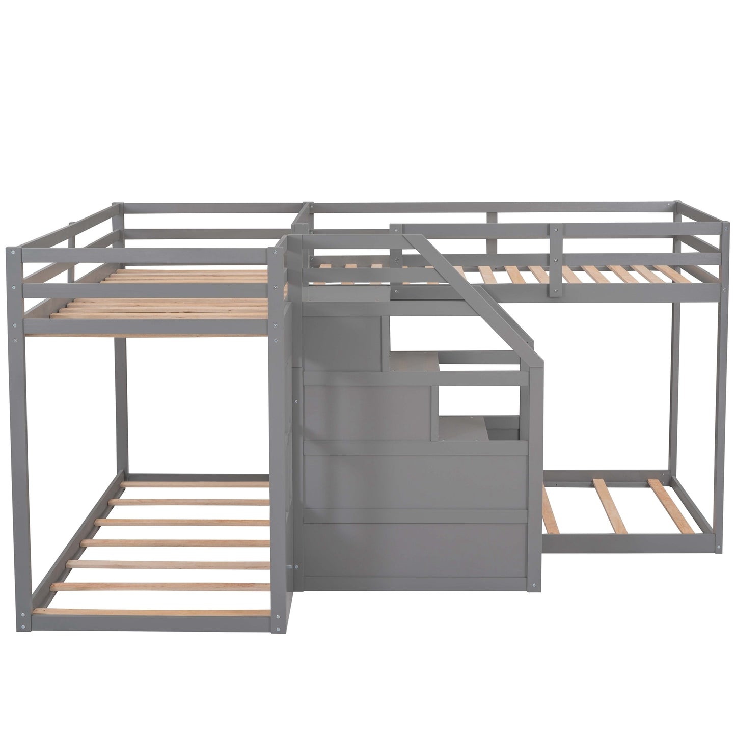 Twin over Twin L-Shaped Bunk Bed with Built-in Middle Staircase,Gray