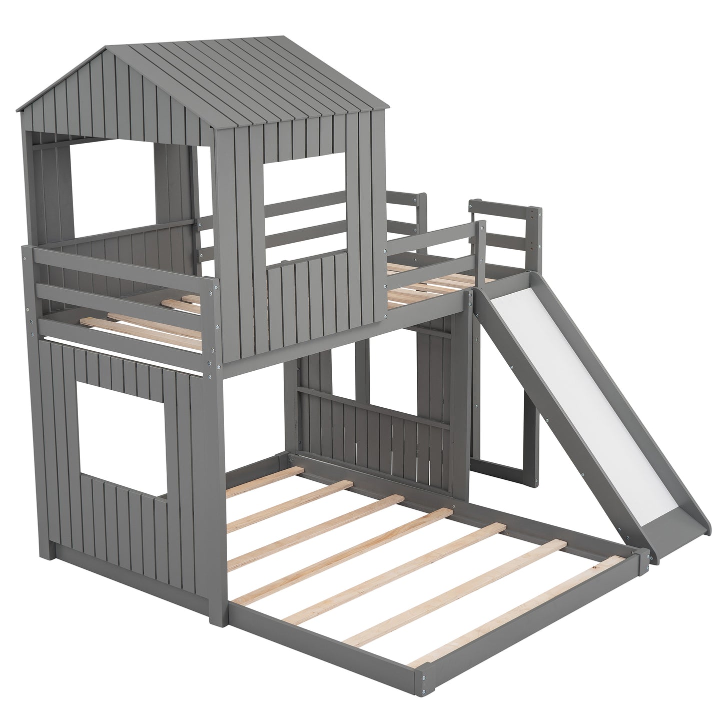 Wooden Twin Over Full Bunk Bed, Loft Bed with Playhouse, Farmhouse, Ladder, Slide and Guardrails . Gray(OLD SKU :LP000028AAN)