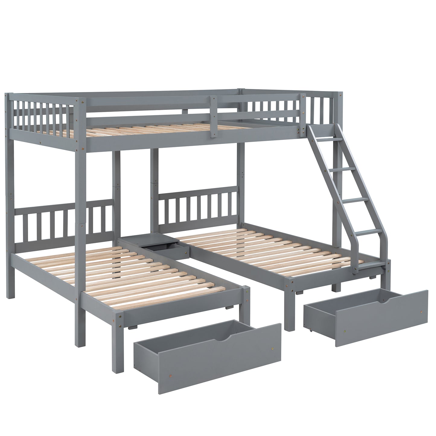 Full Over Twin & Twin Bunk Bed, Wood Triple Bunk Bed with Drawers and Guardrails  (Gray) （OLD SKU:LP000143AAE）