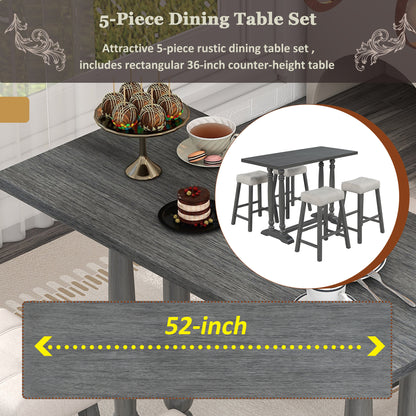 TREXM 5-Piece Dining Table Set, Counter Height Dining Furniture with a Rustic Table and 4 Upholstered Stools for Kitchen, Dining Room (Gray)