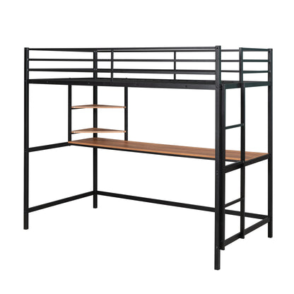 Twin Metal Loft Bed with Desk and Shelve,Black