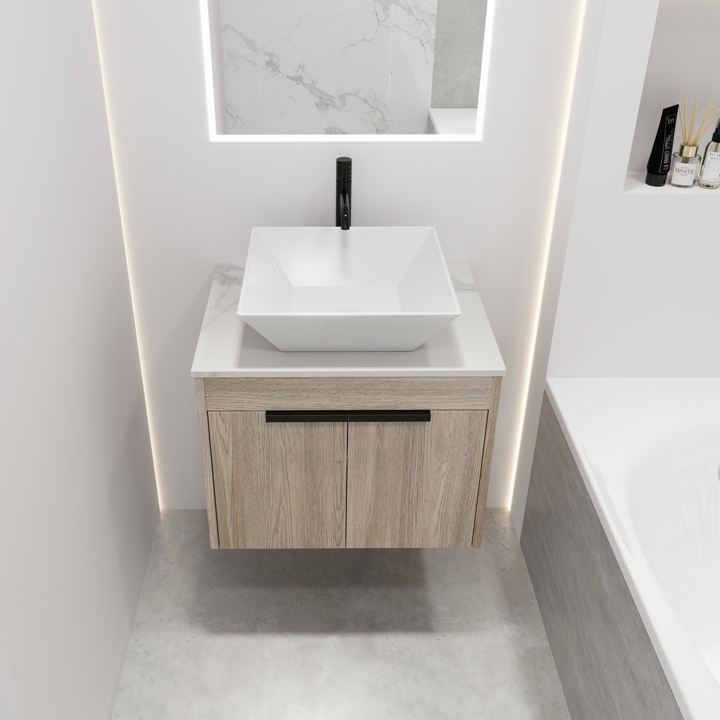 24 " Modern Design Float Bathroom Vanity With Ceramic Basin Set,  Wall Mounted White Oak Vanity  With Soft Close Door,KD-Packing，KD-Packing，2 Pieces Parcel（TOP-BAB101MOWH）