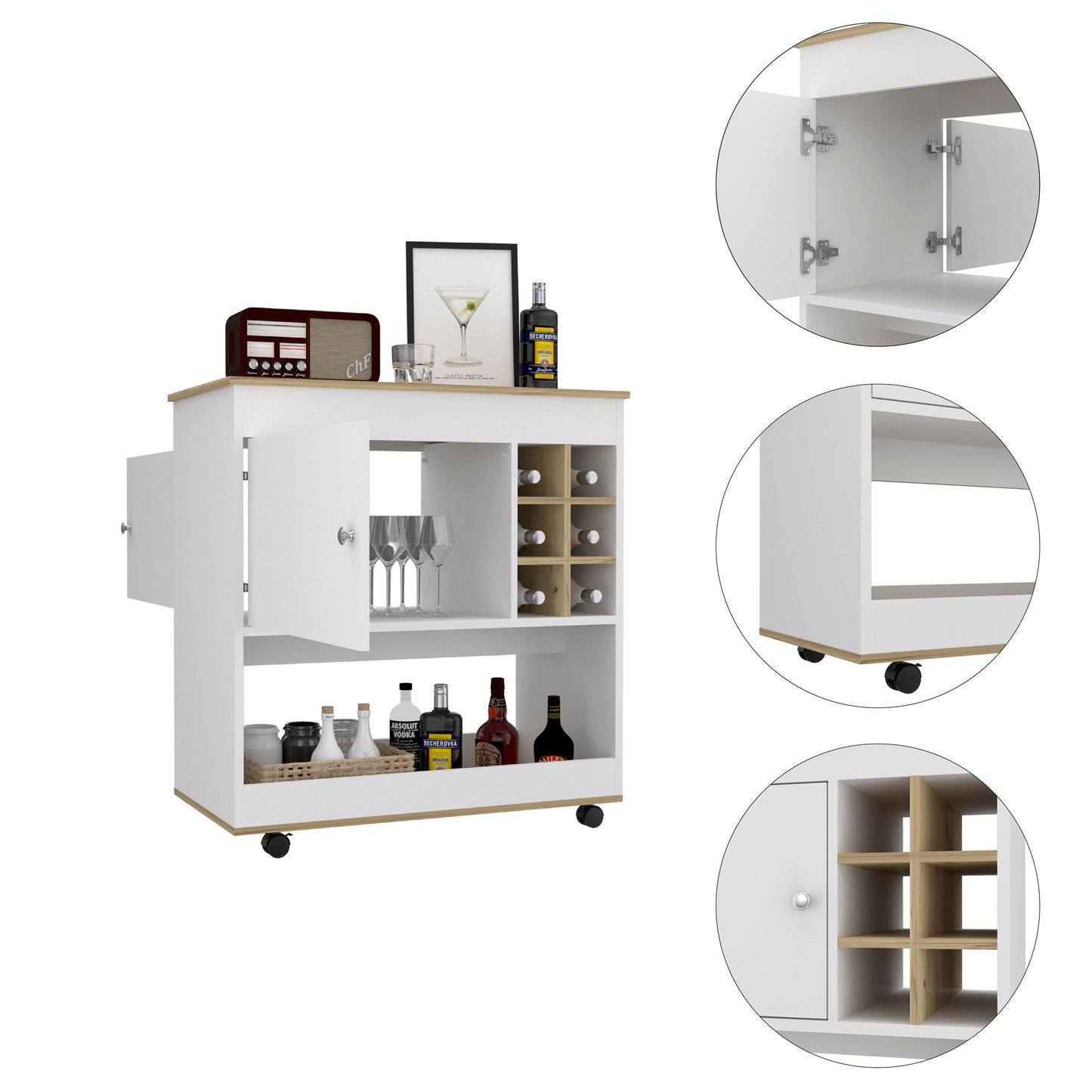 Pendleton 1-Shelf 6-Bottle Bar Cart Light Oak and White