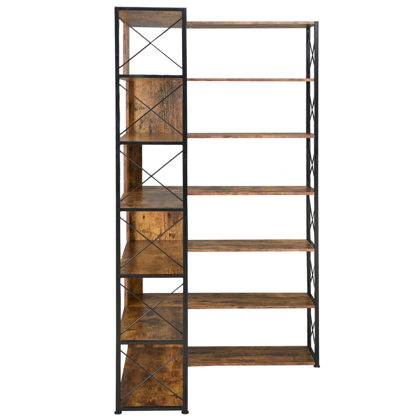 7-Tier Bookcase Home Office Bookshelf,  L-Shaped Corner Bookcase with Metal Frame, Industrial Style Shelf with Open Storage, MDF Board