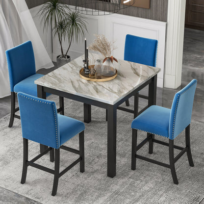 5-piece Counter Height Dining Table Set with One Faux Marble Dining Table and Four Upholstered-Seat Chairs, Table top: 40in.L x40in.W, for Kitchen and Living room Furniture,Blue