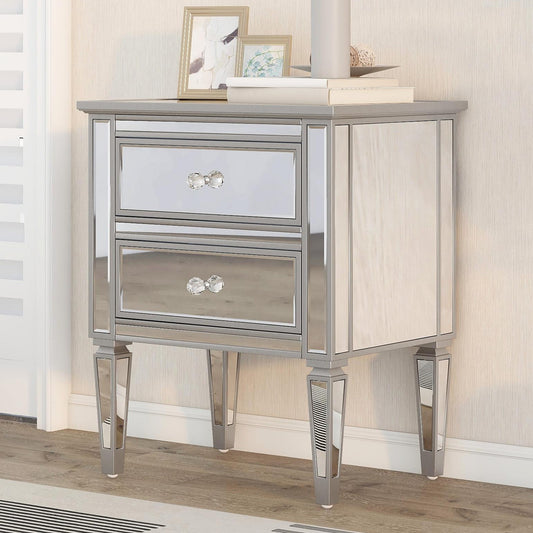 Elegant Mirrored Nightstand with 2 Drawers, Modern Silver Finished End Table Side Table for Living Room Bedroom