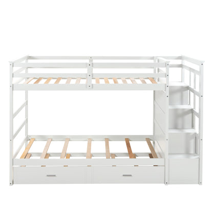 Solid Wood Bunk Bed, Hardwood Twin Over Twin Bunk Bed with Trundle and Staircase, Natural White Finish(OLD SKU :LP000068AAP)