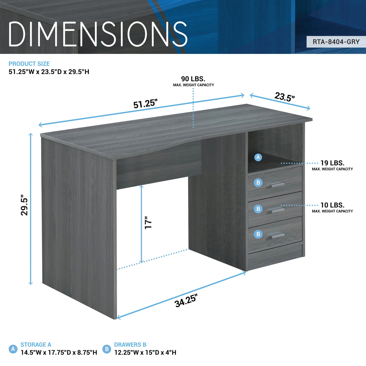 Techni Mobili Classic Computer Desk with Multiple Drawers, Grey