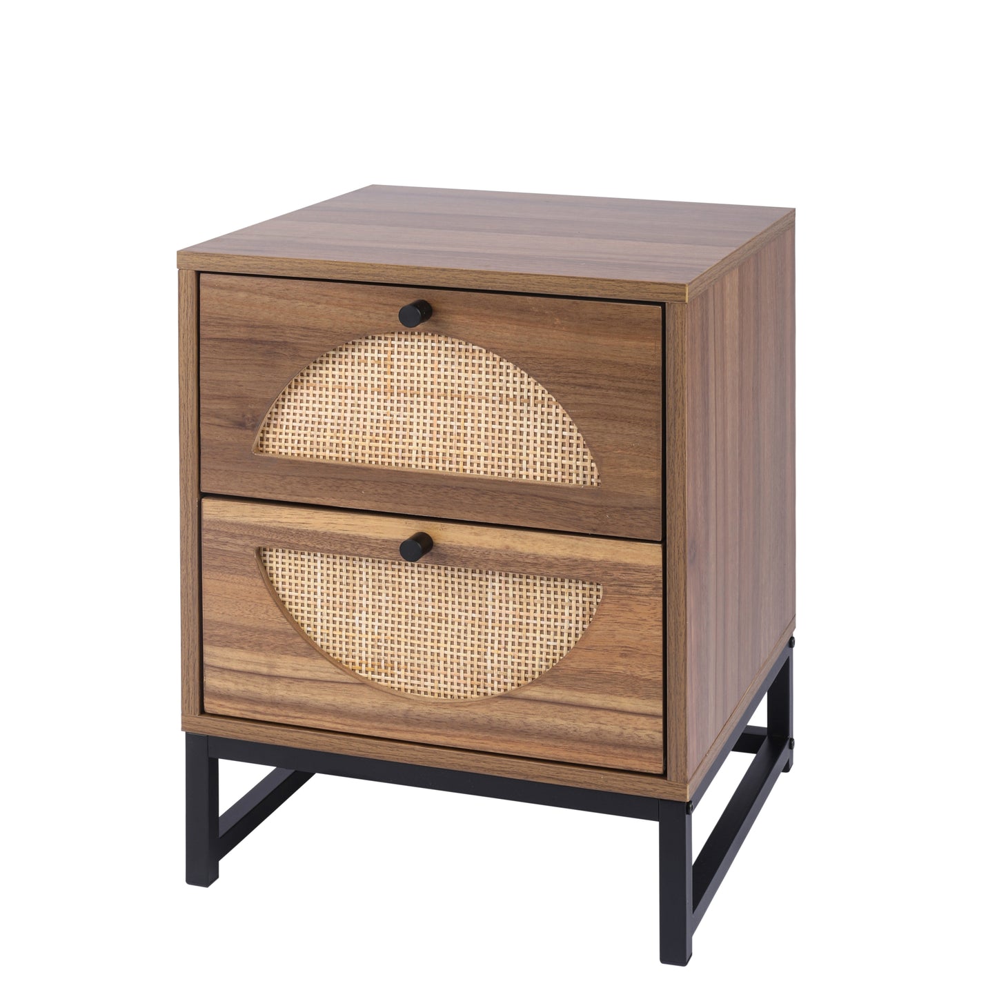 Rattan Nightstand Set of 2, Walnut End Table with 2 Natural Rattan Drawer & Metal Legs