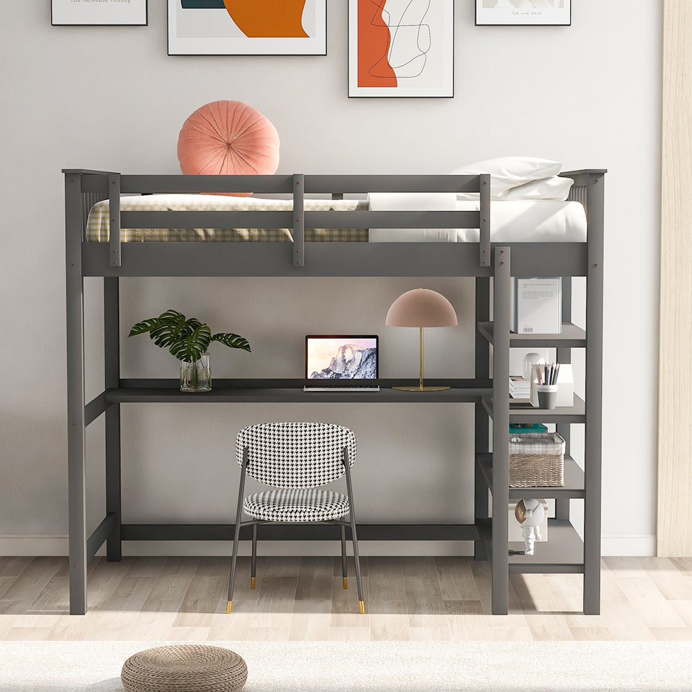 Twin Size Loft Bed with Storage Shelves and Under-bed Desk, Gray