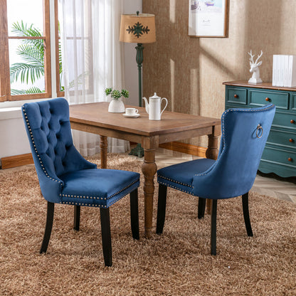 A&A Furniture,Nikki Collection Modern, High-end Tufted Solid Wood Contemporary Velvet Upholstered Dining Chair with Wood Legs Nailhead Trim  2-Pcs Set，Blue, SW8801BL