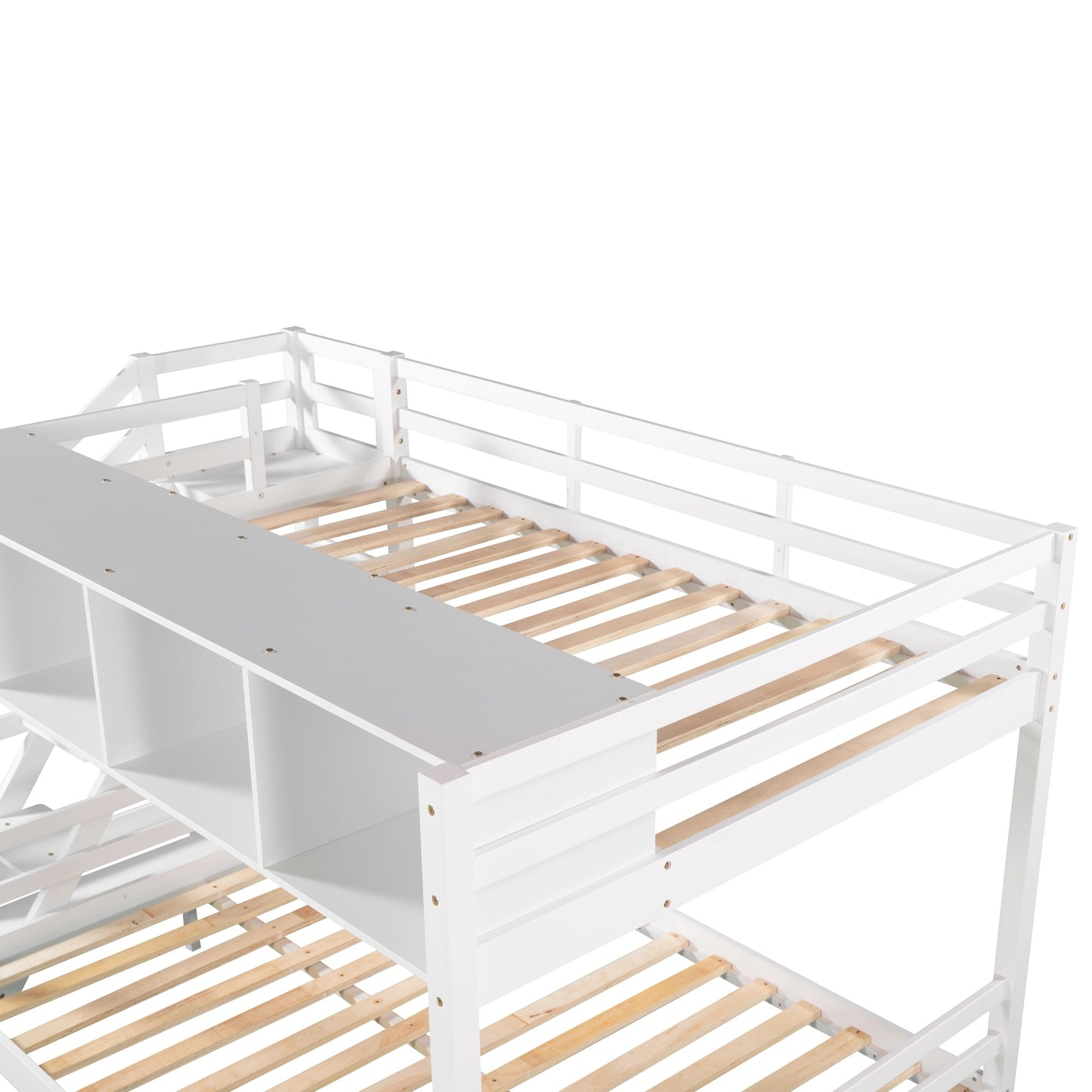 Twin over Full Bunk Bed with Staircase and Built-in Storage Cabinets,White